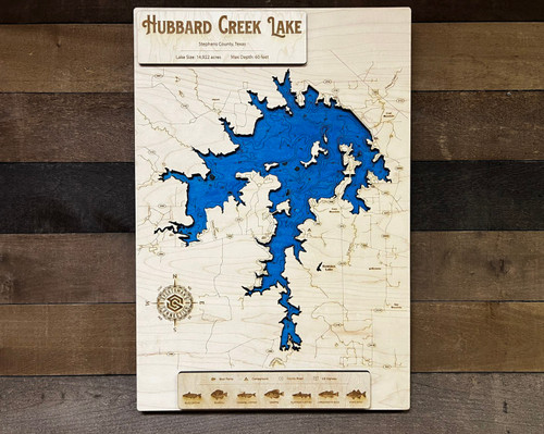 Hubbard Creek Lake (14,922 Acres) - Wood Engraved Map