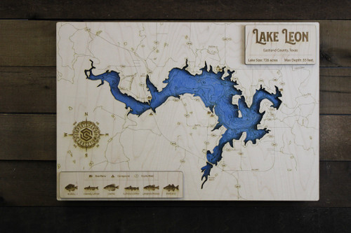 Lake Leon (726 Acres) - Wood Engraved Map