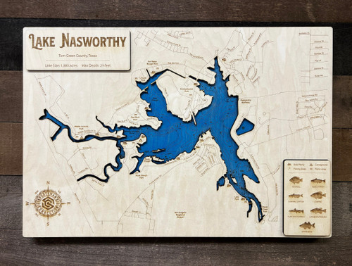 Lake Nasworthy  - Wood Engraved Map