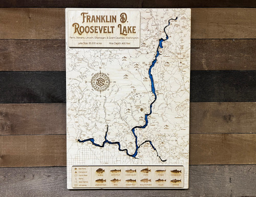 Franklin D Roosevelt Lake - Wood Engraved Map