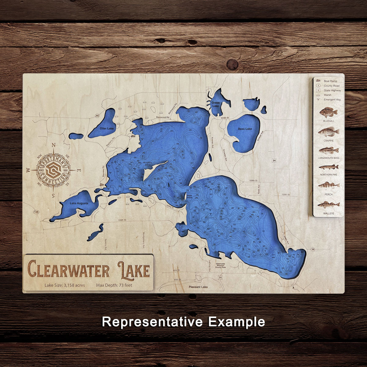 South Roosevelt - Wood Engraved Lake Map