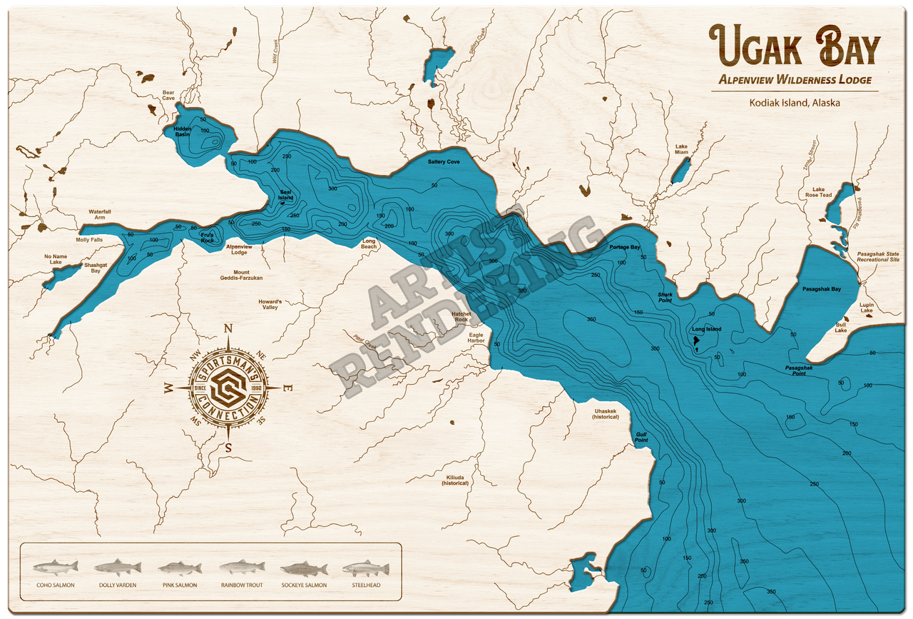 Ugak Bay- Wood Engraved Lake Map