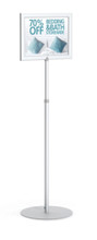 8.5" x 11" HORIZONTAL Insert Performance Series Pedestal Sign Holder with ADJUSTABLE HEIGHT POLE, Silver. Made in the USA