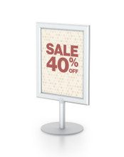 8.5 x 11 Inch Performance Series Round Base Counter Top Sign Holder, Silver, Vertical. Made in the USA.
