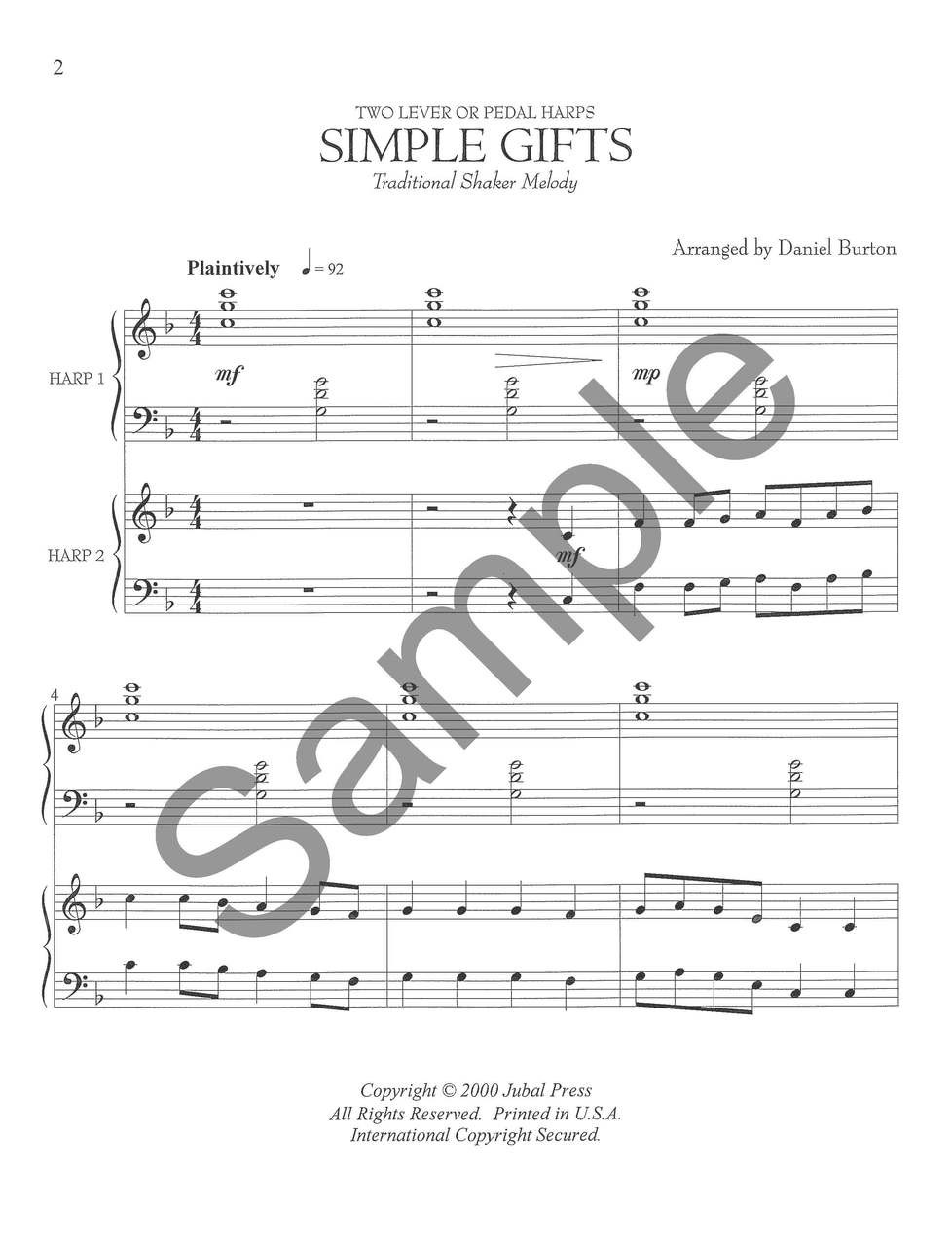 Burton Arr Simple Gifts Two Harps Downloadable - 