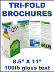 Brochures - Tri-fold, 8.5" X 11", 100lb gloss text Double Sided, full bleed, full color  - From $41.50