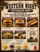 image shows the chuckwagon menu featuring the ranch hand burger, outlaw pulled pork sandwich, the prairie dog hot dog, the cactus trail salad, the homesteader wrap, and sides