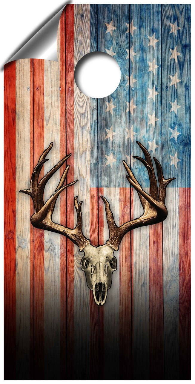 American Flag Deer Skull Cornhole Board Wrap Set - West Georgia Cornhole