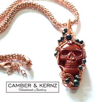 Red Jasper Carved Skull, Pyrite & Copper Necklace