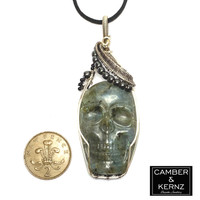 Size guide showing Skull pendant next to UK 2 Pence coin. coin approx. 25.9mm diameter