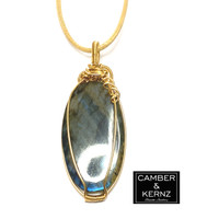 Back view of "Grade A" oval Labradorite pendant necklace  wrapped in 14ct Gold Filled wire