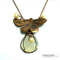 Hand Engraved Copper Moth & Milky Onyx Necklace 