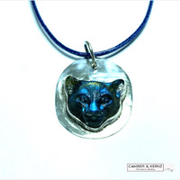 Labradorite Carved Cat Head .925 Sterling Silver Necklace