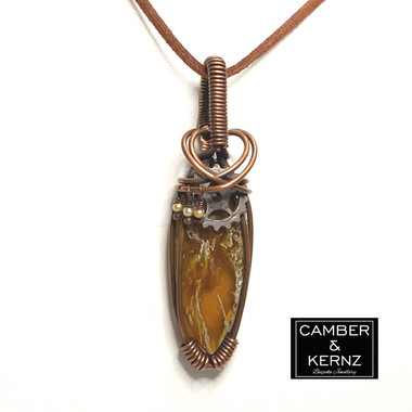 Front View of Natural Moss Agate Pendant with Steampunk cog and seed pearls