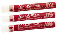 Alcohol Test. All three cutoffs of the AlcoCheck Breath Alcohol Screen are now FDA 510(k) cleared- to-market for OTC use. The disposable device is available in thresholds of .02%, .05%, and .08 % blood alcohol concentration (BAC). Simply break the inner ampoule and blow into the tube for 12 seconds, then compare crystals to the color chart provided on the label.