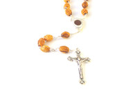 Olive Wood Oval Carved Bead Rosary with Soil Centerpiece.