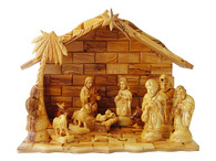 Three Kings Gifts Nativity Set- Deluxe Olive Wood Nativity Set w/ Gold, Frankincense and Myrrh embedded in the Stable.