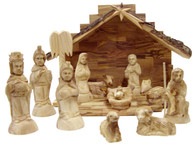 Olive Wood Nativity Set with Rustic Stable 12 pieces