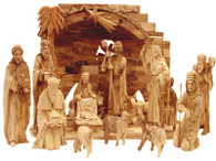 Unique Collector Olive Wood Nativity Set With Stable Design (15 Pieces Set)