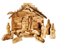 Olive Wood Nativity Set 3-D Palm Tree Stable. Medium Modern Design (14 Pieces Set)