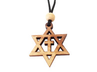 Olive Wood Star of David W/ Cross  W/Cord 1.6 inches in Height