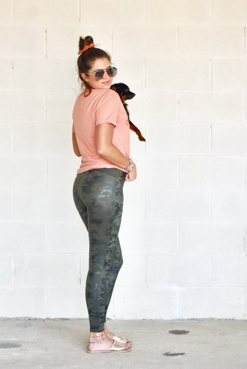 SPANX Faux Leather Leggings in Green Camo at One Hip Mom Klein TX