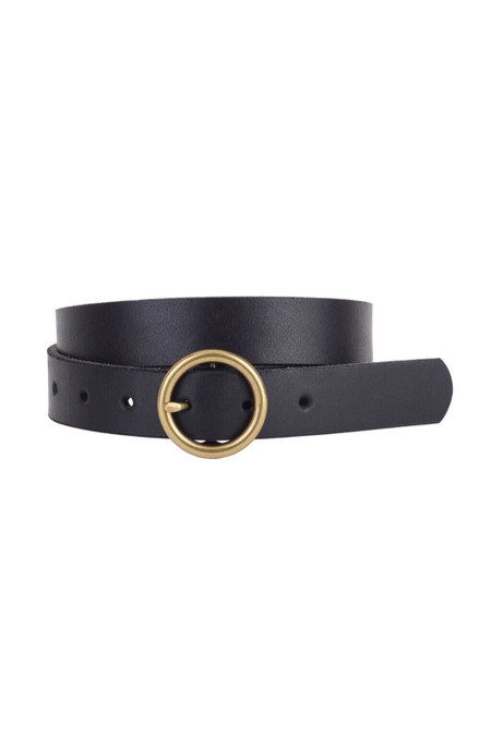 Brass Toned Circle Buckle Black Leather Belt
