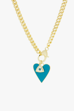 Marlyn Schiff Gold Curb Link Blue Heart and Evil Eye Charm Necklace