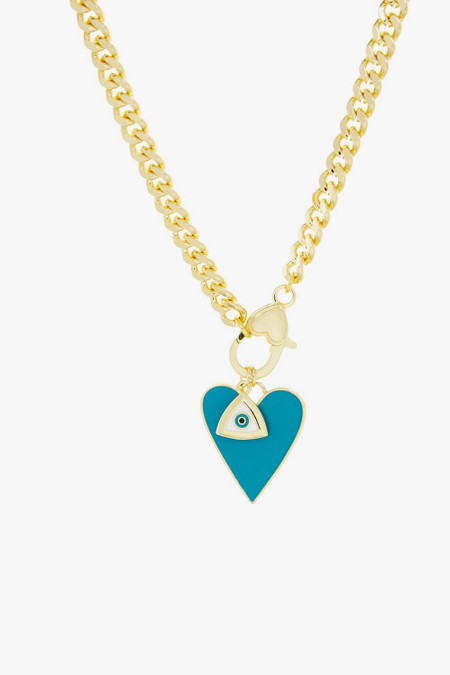 Marlyn Schiff Gold Curb Link Blue Heart and Evil Eye Charm Necklace