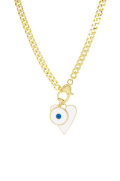 Gold Curb Link White Heart and Evil Eye Necklace