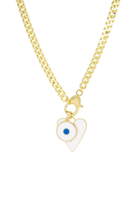 Marlyn Schiff Gold Curb Link White Heart and Evil Eye Charm Necklace