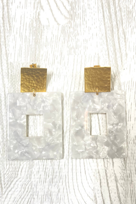 Virtue Square Hammered Post Acrylic Earrings White Marble