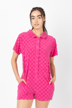 Very J Solid Textured Towel Checker Romper Pink 