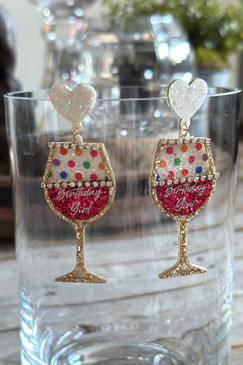 Birthday Girl Wine Glass Dangle Earrings Multi 