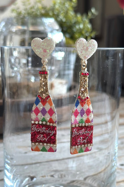 Harlequin Wine Bottle Birthday Girl Earrings 