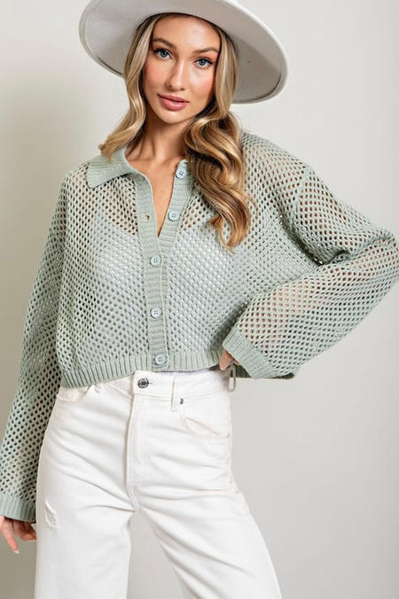 Eesome Button Down Crochet Cardigan Sage 