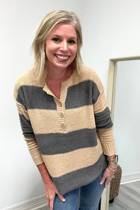 Jenn Wishlist Striped Sweater Taupe Charcoal  