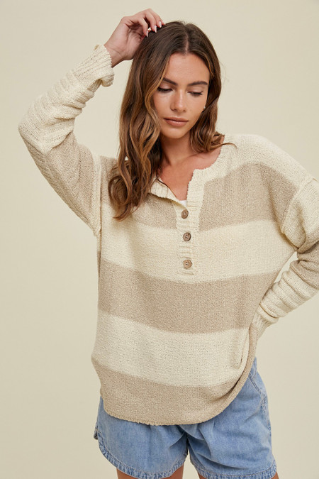 Wishlist Multi Striped Henley Sweater Cream Natural