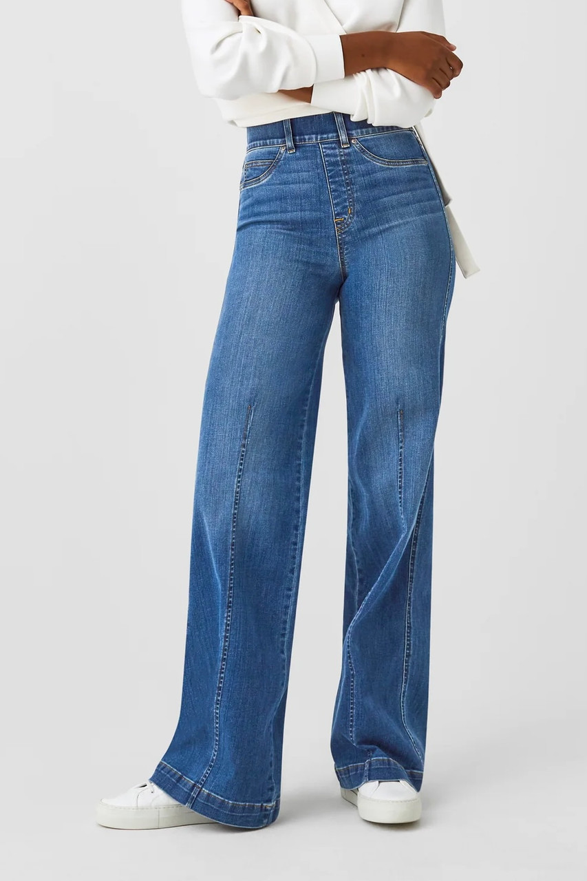 Spanx Seamed Front Wide Leg Jeans Vintage Indigo One Hip Mom