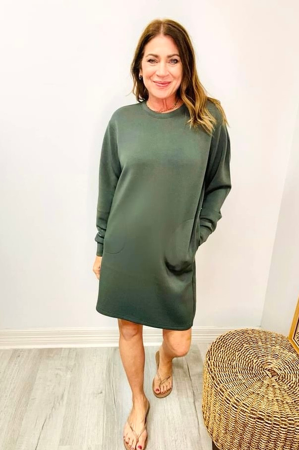 Spanx AirEssentials Olive Crew Neck Dress One Hip Mom Boutique