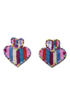 Multi Color Stripe Double Heart Earrings