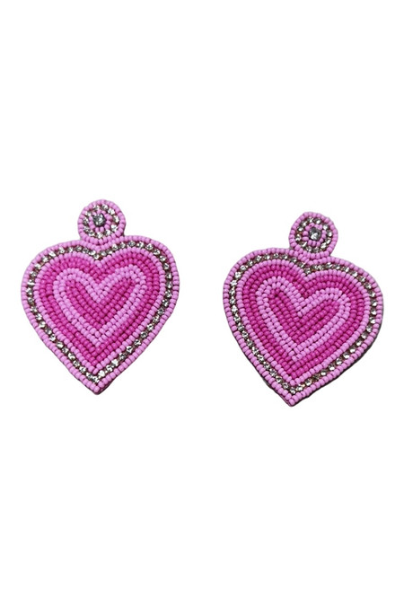 Pink Beaded Heart with Diamonds Earrings
