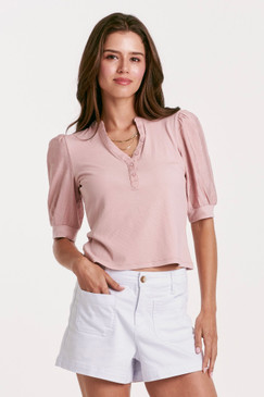 Another Love Mixed-Media Puff Elbow Sleeve Henley Tee Rose Smoke