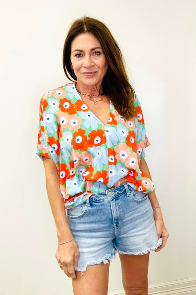 Jodifl Flower Print Oversized Top Coral/Blue/Green One Hip Mom