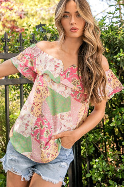 Les Amis Geometric Floral Printed Off The Shoulder Top