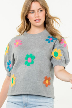 THML Flower Puff Sleeve Knit Top Grey