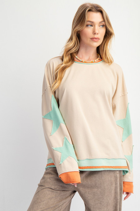 Easel Star Patch Mineral Wash Sweatshirt Taupe