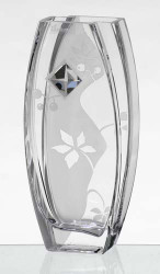 26 cm Elegant Thick Unique Hand Blown Glass Vase with a Large Swarovski Crystal and Engraved Flower Decoration