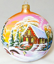 Large Unique Handmade Christmas Bauble glass ornament WINTER SCENERY - golden, diameter 4.7 in (12 cm)