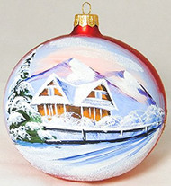Large Unique Handmade Christmas Bauble glass ornament MOUNTAIN HUTS - red, diameter 4.7 in (12 cm)